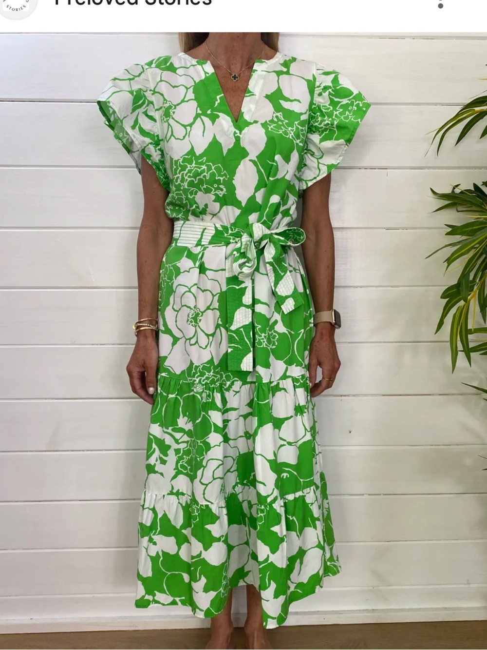 Rails Green & White Floral V-Neck Tiered Cotton Blend Midi Dress with Belt Small